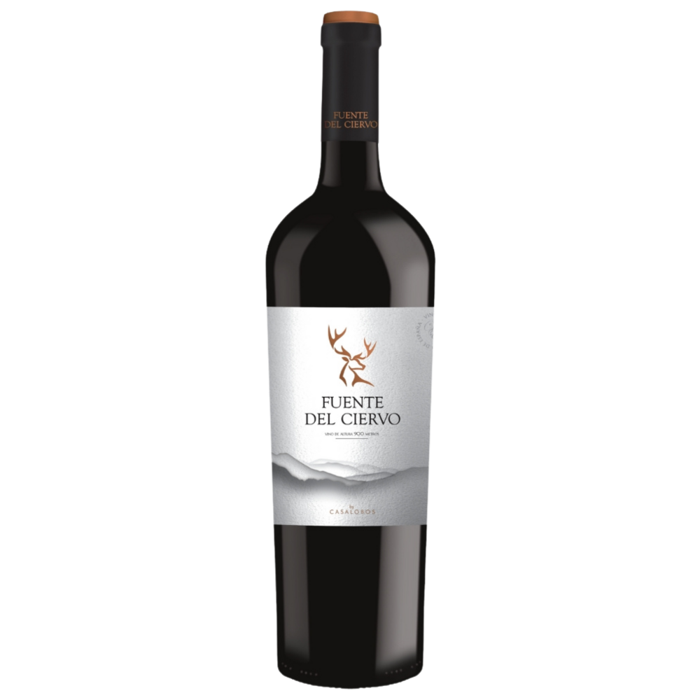 Eine Flasche Rotwein mit der Aufschrift Fuente del Ciervo und einem Hirsch-Logo auf weißem Hintergrund.