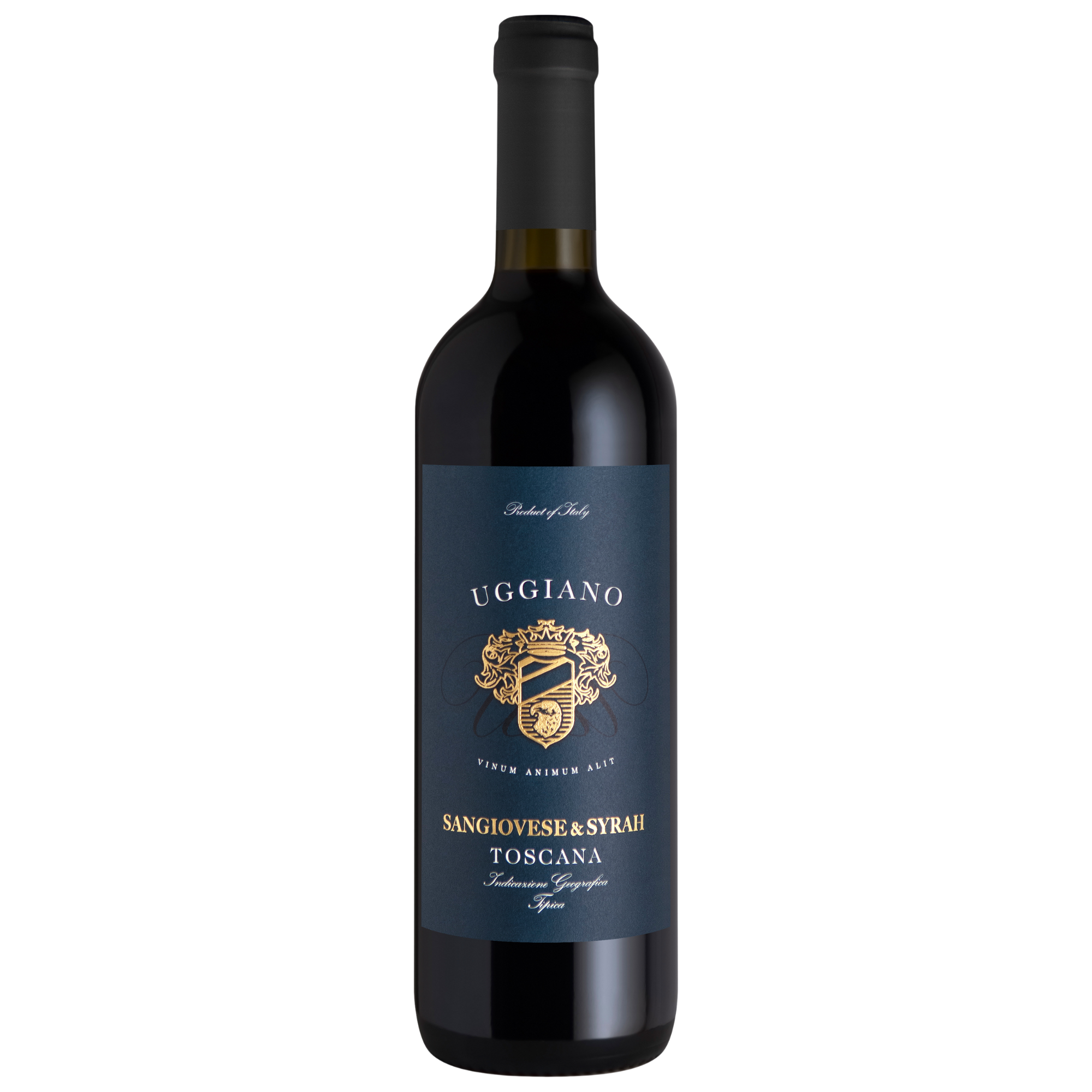 Eine Flasche Uggiano Sangiovese & Syrah Toscana Rotwein mit einem dunkelblauen und goldenen Etikett.