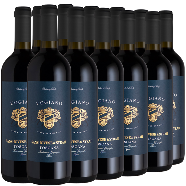Zwölf Flaschen des Rotweins Uggiano Sangiovese & Syrah Toscana in drei Reihen angeordnet.