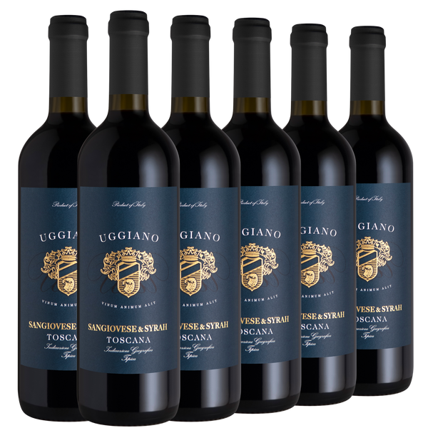 Sechs Flaschen des Rotweins Uggiano Sangiovese & Syrah Toscana mit blauen und goldenen Etiketten.
