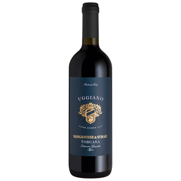 Eine Flasche Uggiano Sangiovese & Syrah Toscana Rotwein mit einem dunkelblauen und goldenen Etikett.
