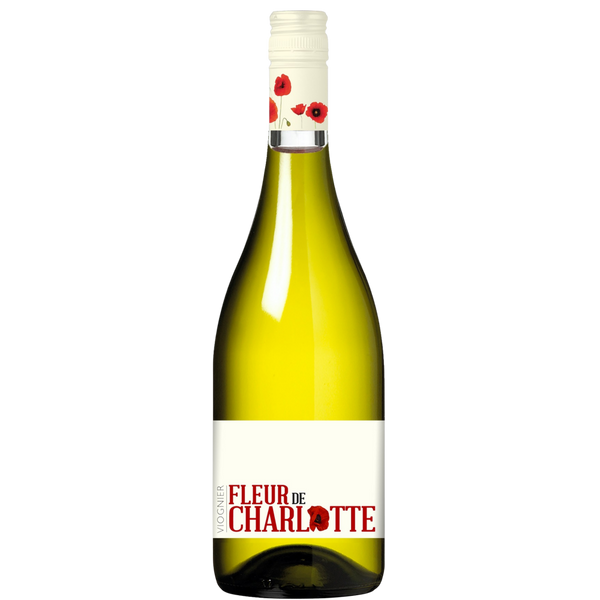 Eine Weißweinflasche mit der Aufschrift Fleur de Charlotte Viognier und einem weißen, mit roten Mohnblumen verzierten Verschluss.