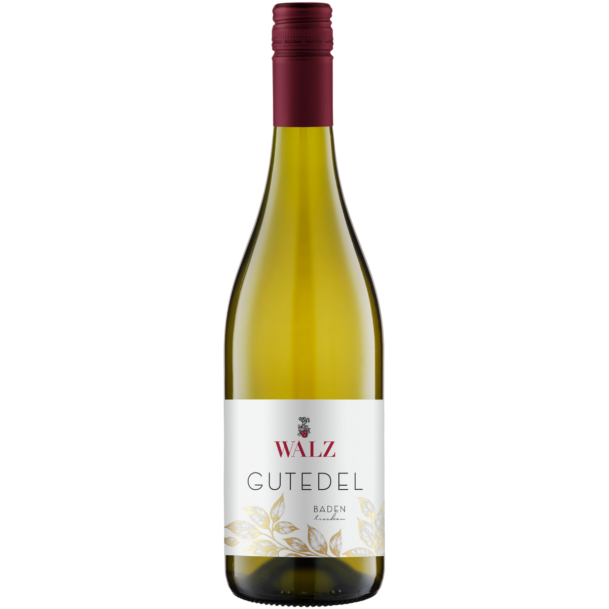 Eine Flasche Walz Gutedel-Weißwein mit einem burgunderroten Schraubverschluss und einem weißen Etikett mit Blattgoldmotiven und Schriftzügen.