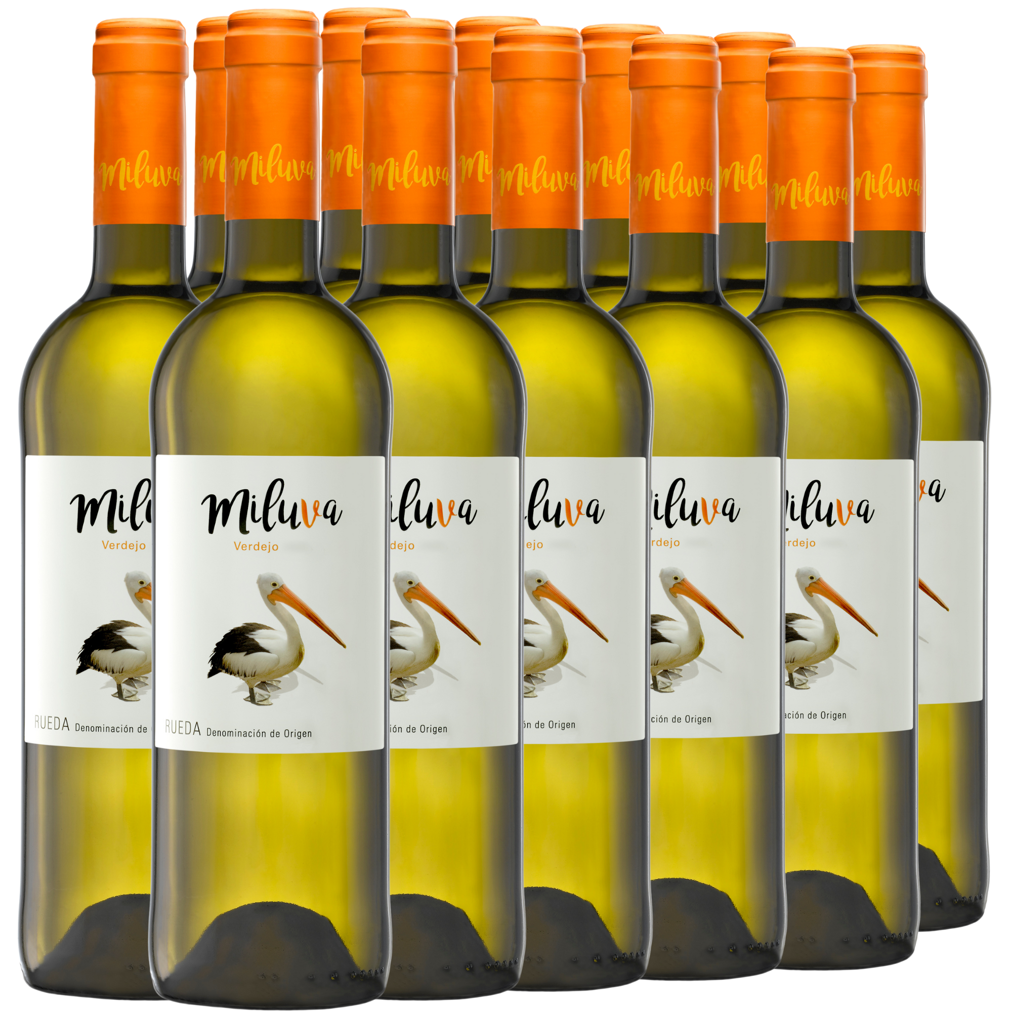 zwölf Flaschen Miluva-Weißwein mit orangefarbenem Verschluss und Pelikan-Etikett.