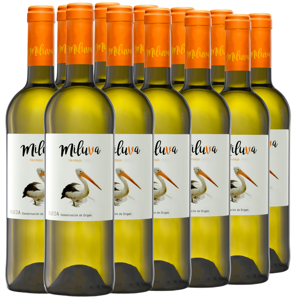 zwölf Flaschen Miluva-Weißwein mit orangefarbenem Verschluss und Pelikan-Etikett.
