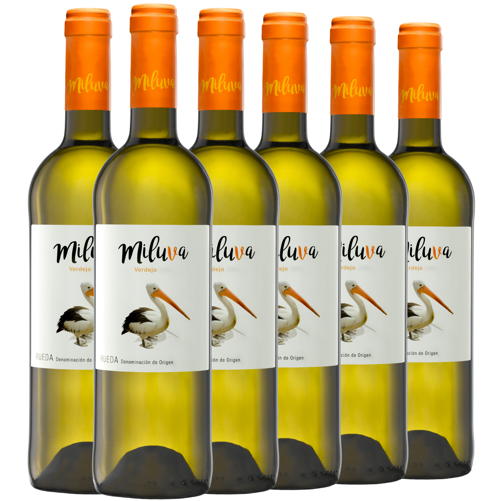 Sechs Flaschen Miluva-Weißwein mit orangefarbenen Verschlüssen und Pelikan-Abbildungen auf den Etiketten, die in einer Reihe stehen.