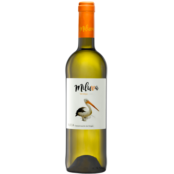 Eine Flasche des Weißweins Miluva Verdejo mit einer Pelikan-Abbildung auf dem Etikett.