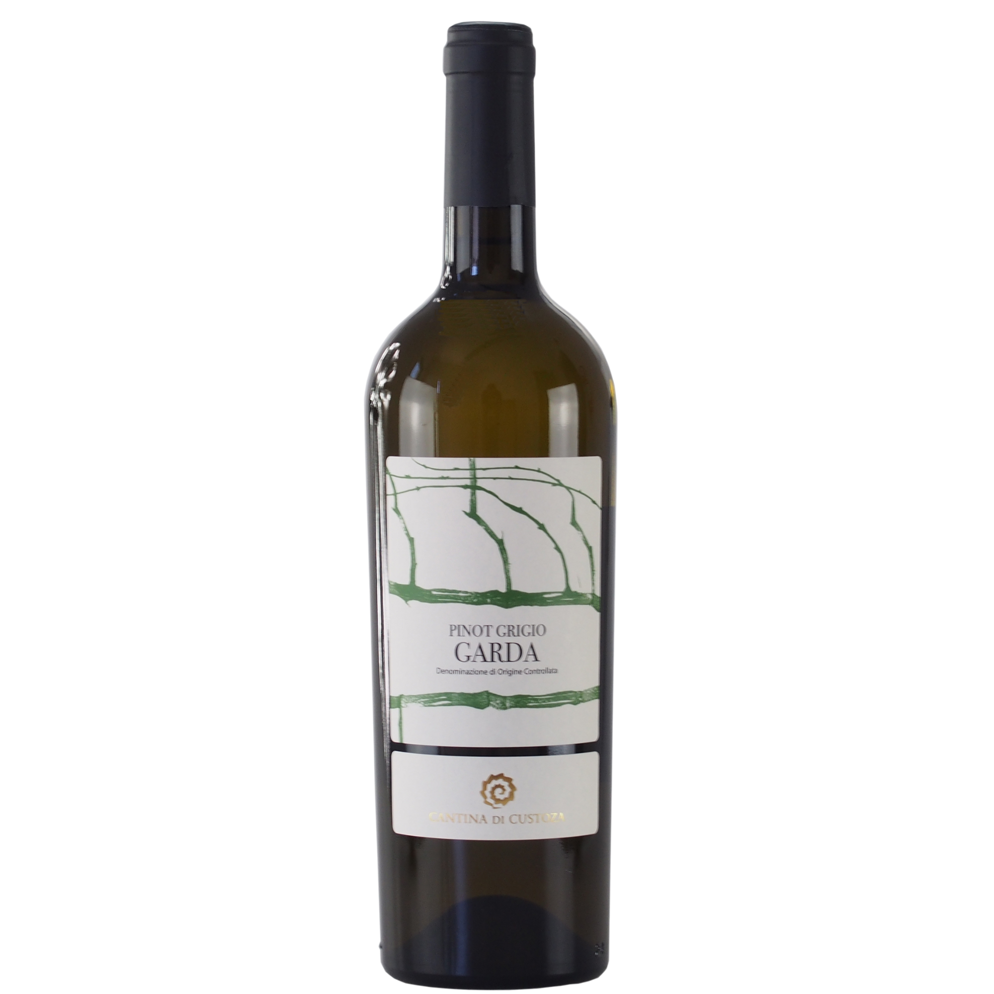 Eine Flasche Pinot Grigio Garda mit weißem Etikett und grünem abstraktem Muster auf der Vorderseite.
