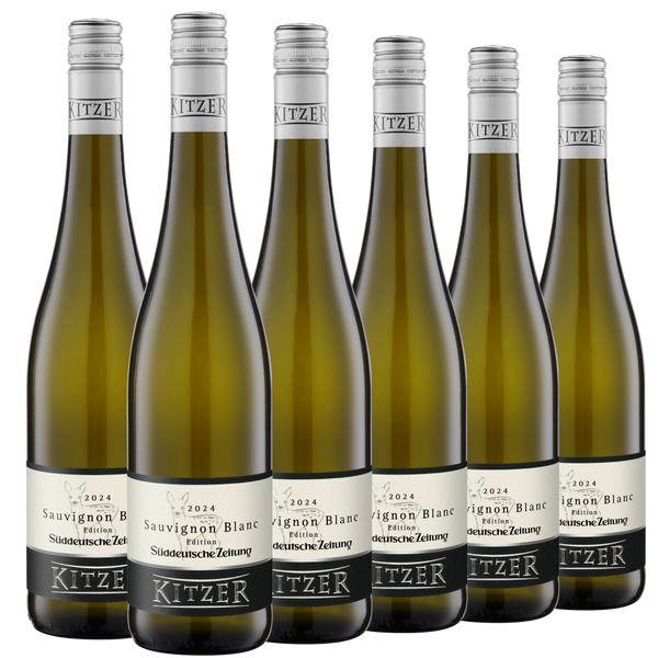 Sechs Flaschen Kitzer Sauvignon Blanc Weißwein, Jahrgang 2024, sind in zwei Reihen vor einem weißen Hintergrund angeordnet.