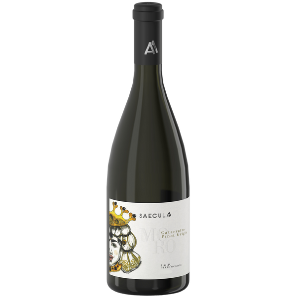 Eine Weinflasche aus dunklem Glas mit der Aufschrift Saecula Gattarella Pinot Grigio und der Abbildung einer gekrönten Frau auf dem Vorderetikett.