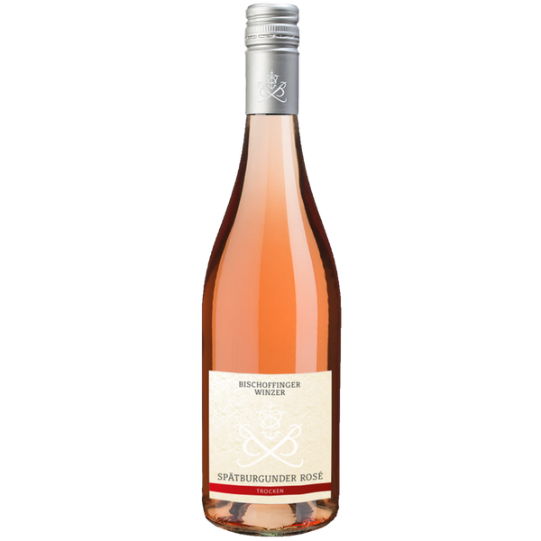 Eine Flasche Bischoffinger Winzer Spätburgunder Rosé mit einem silbernen Verschluss und einem weißen Etikett auf hellem Grund.