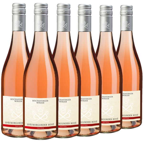 Sechs Flaschen Bischofinger Winzer Spätburgunder Rosé mit silbernen Schraubverschlüssen in einer Reihe vor weißem Hintergrund.