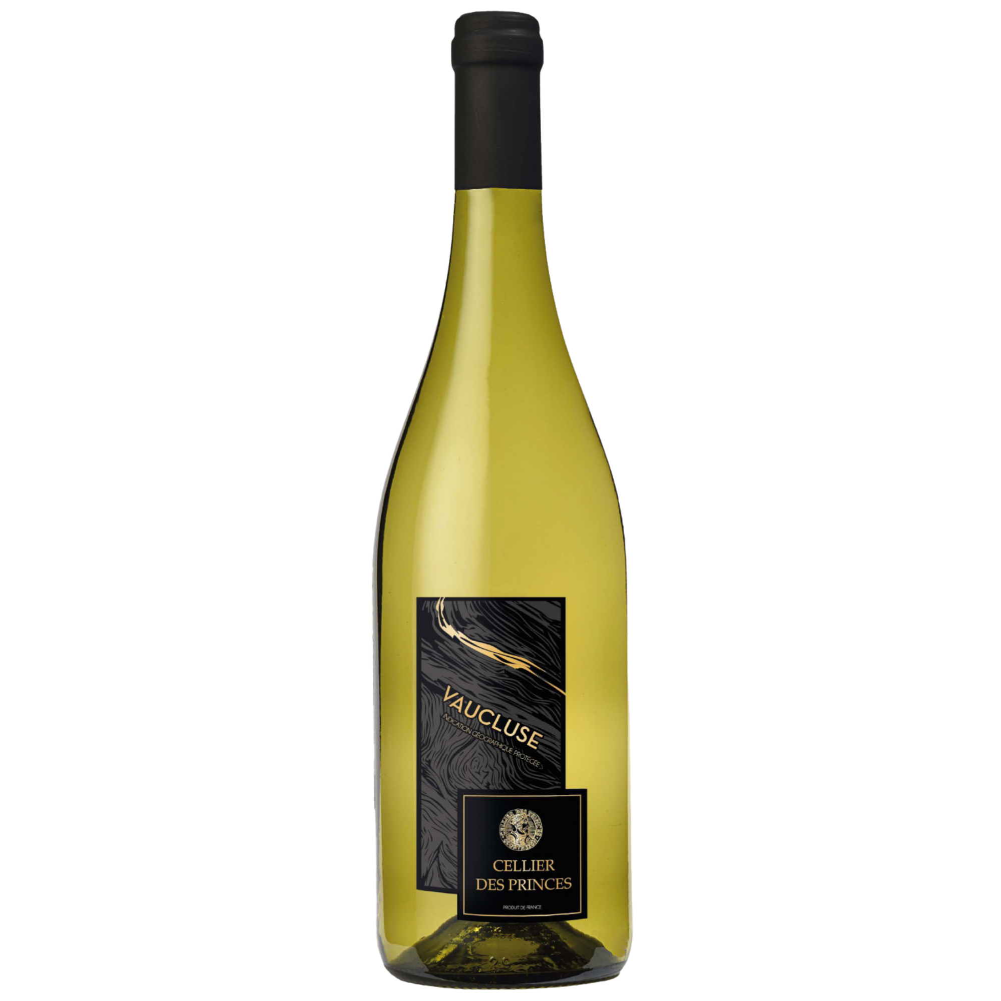 Eine Weißweinflasche aus klarem Glas mit einem schwarz-goldenen Etikett mit der Aufschrift Vaucluse und Cellier des Princes auf einem schlichten weißen Hintergrund.