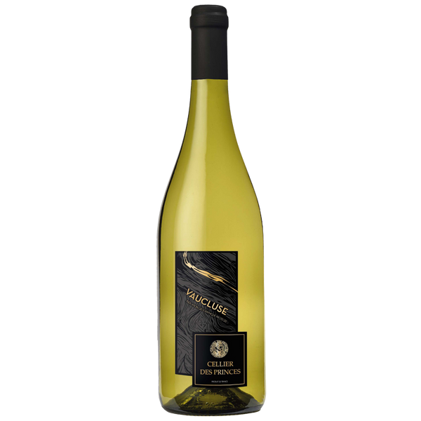 Eine Weißweinflasche aus klarem Glas mit einem schwarz-goldenen Etikett mit der Aufschrift Vaucluse und Cellier des Princes auf einem schlichten weißen Hintergrund.