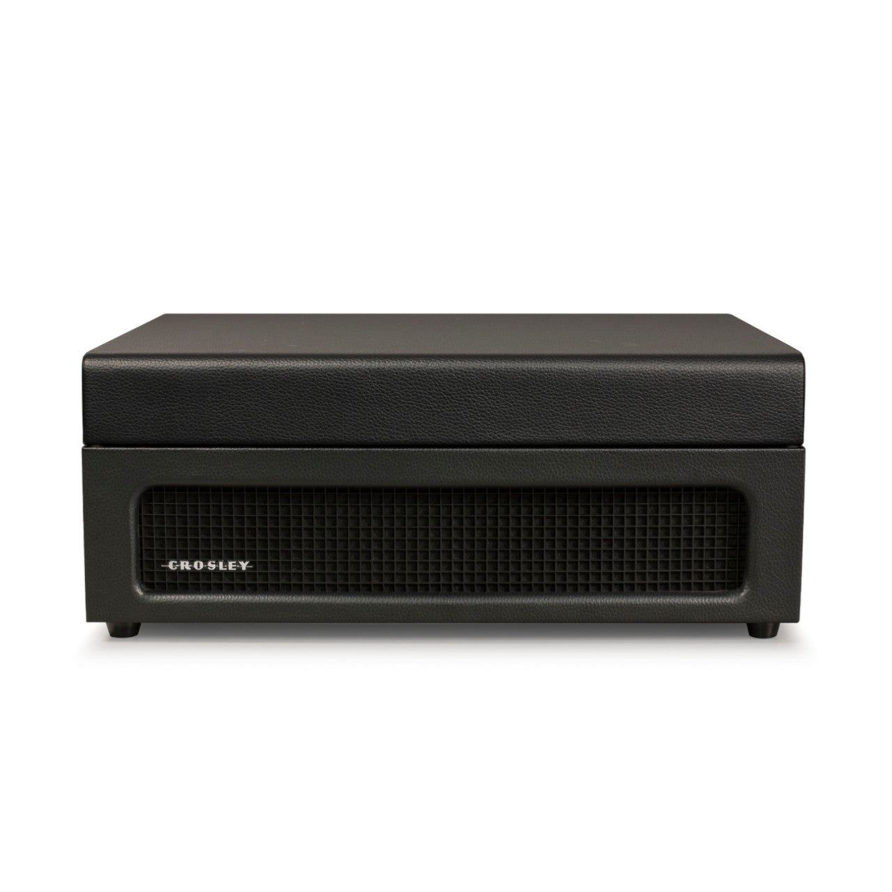 Der Crosley Voyager Plattenspieler in Schwarz verfügt über einen geschlossenen Deckel und ein nach vorne gerichtetes Lautsprechergitter.