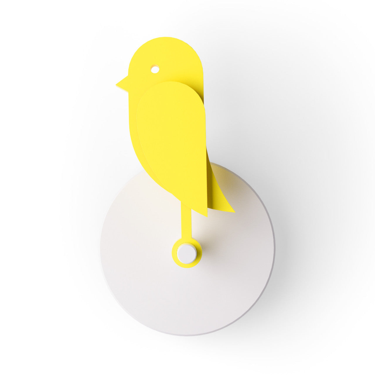 Der Frischluftmonitor Birdie 2.0 mit CO2-Sensor ist eine minimalistische gelbe Vogelfigur auf einem runden weißen Sockel, von oben vor einem weißen Hintergrund dargestellt.