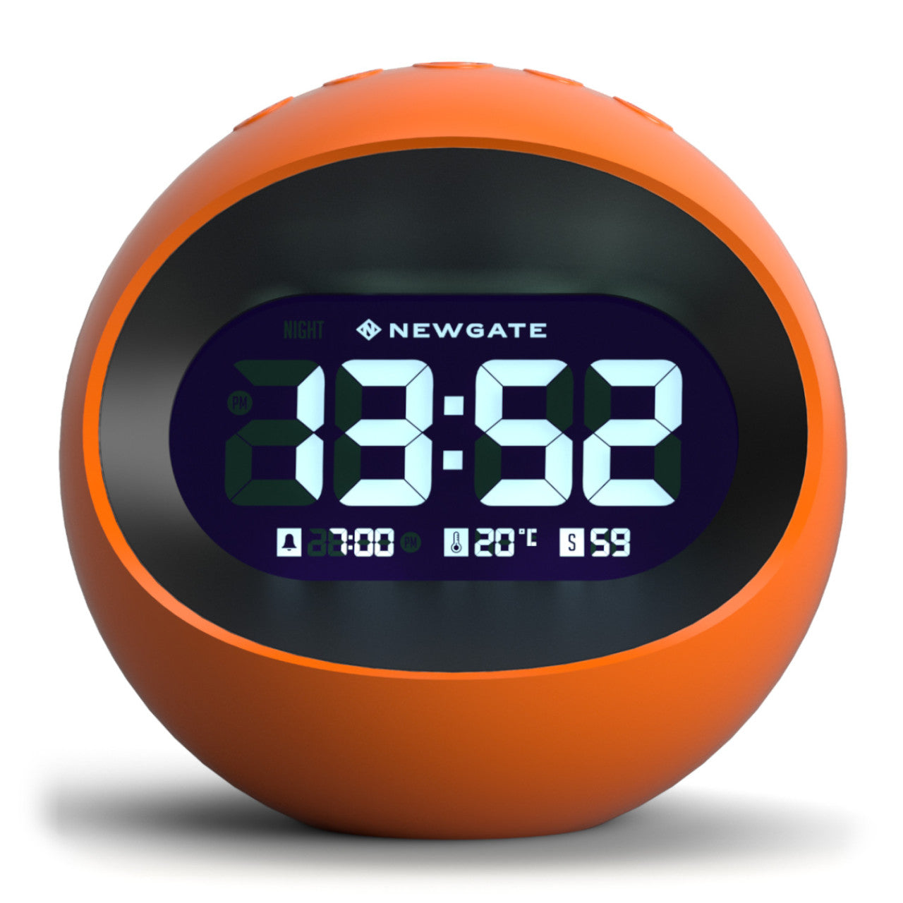 Der LCD-Wecker Zentrum der Erde – Orange ist ein runder digitaler Wecker im orangefarbenen Design, der auf seinem Bildschirm 23:52, Wochentag, Temperatur und Alarmsymbole anzeigt.