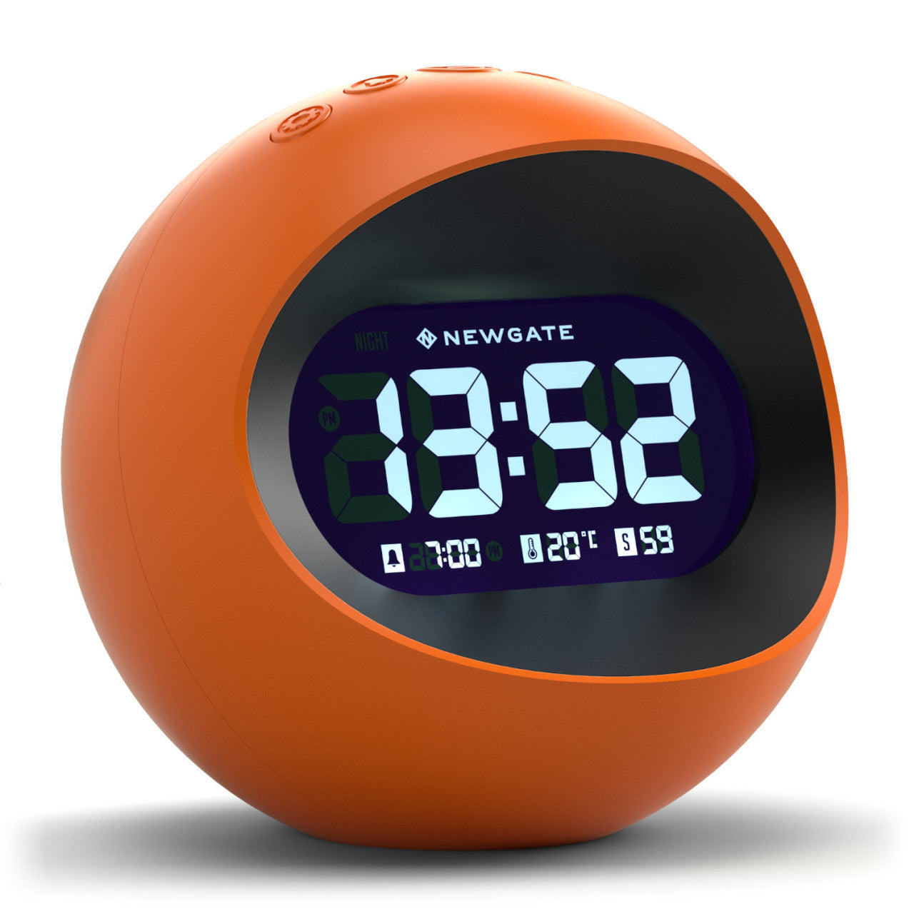 Der LCD-Wecker Zentrum der Erde – Orange ist ein runder digitaler Wecker, der 23:52 und zusätzliche Symbole auf seinem Bildschirm anzeigt.