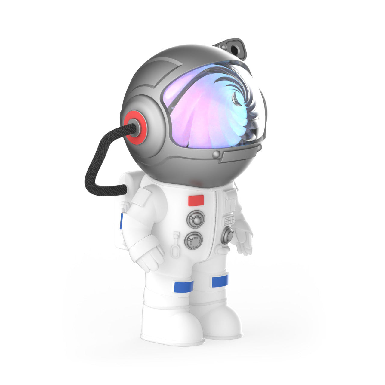 3D-Cartoon-Astronaut im weißen Anzug mit glänzendem, schillerndem Helm steht auf weißem Hintergrund und präsentiert Stellar Light – Der neue Milchstraßen-Projektor.