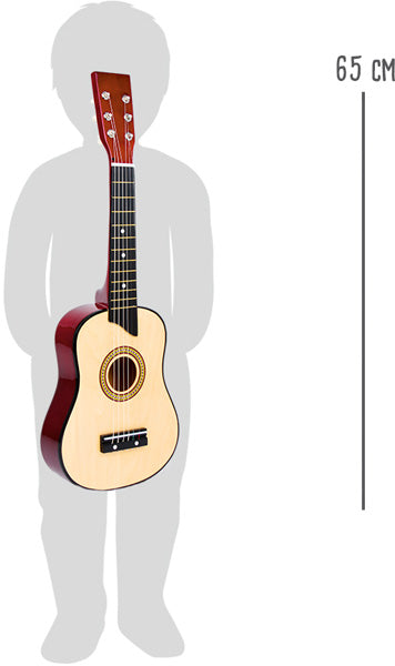 Die Silhouette eines Kindes hält die Gitarre Natur und verdeutlicht so ihre Höhe von 65 cm.