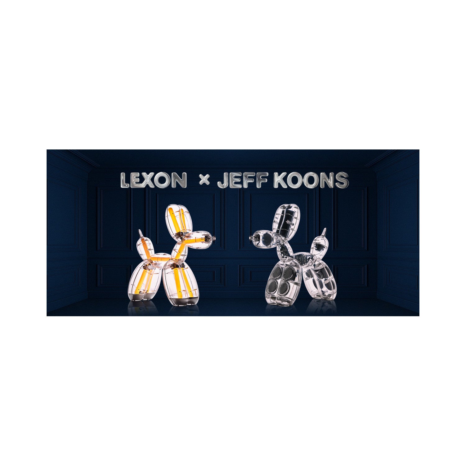Zwei Ballonhundeskulpturen, eine goldene und eine silberne, mit dem Text LEXON x JEFF KOONS darüber.