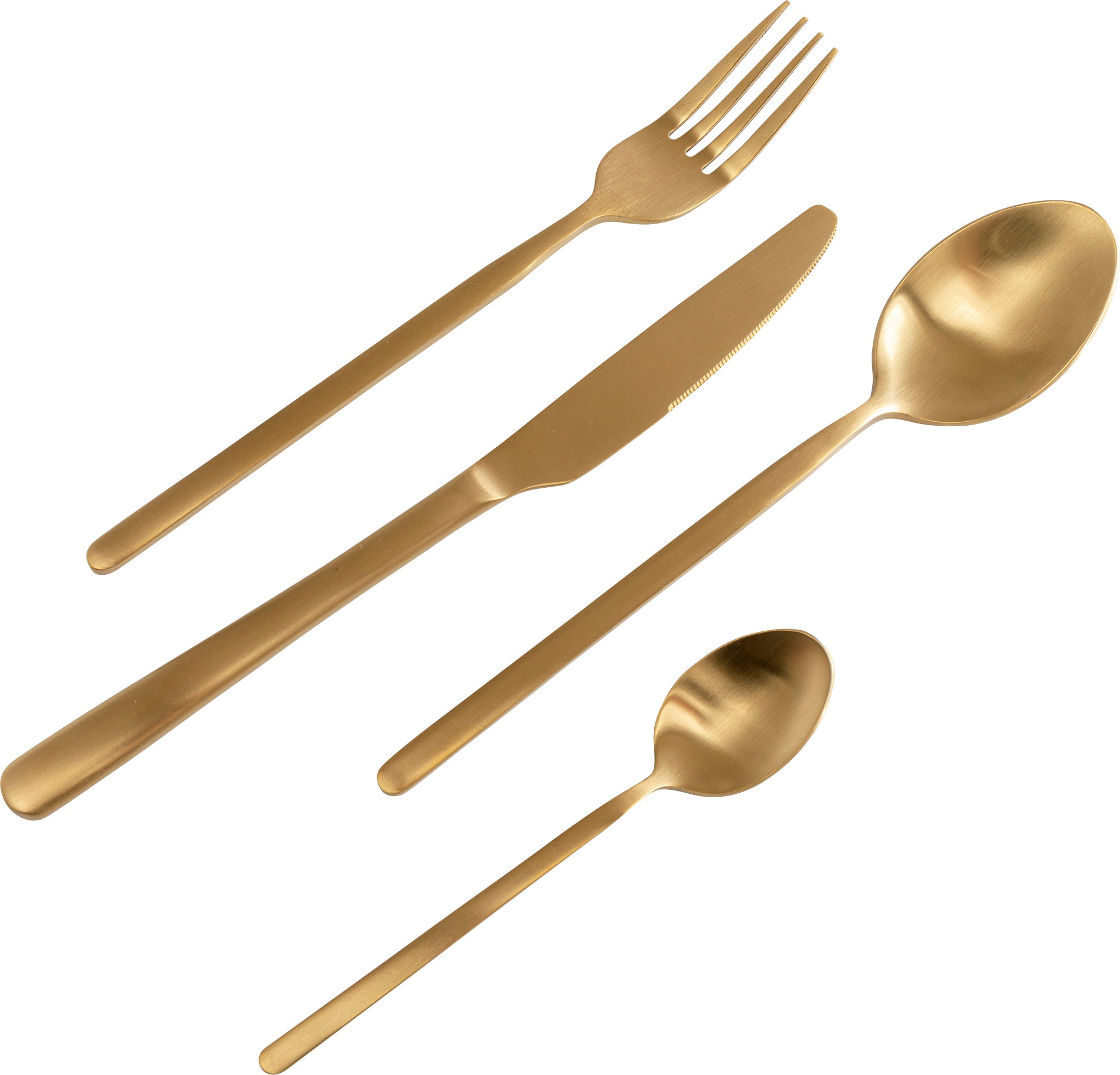 Das Besteck Gloria Matt Gold (16/tlg.) umfasst Gabel, Messer, Löffel und Teelöffel aus Edelstahl mit edler Matt-Messing-Beschichtung, diagonal auf weißem Hintergrund arrangiert.
