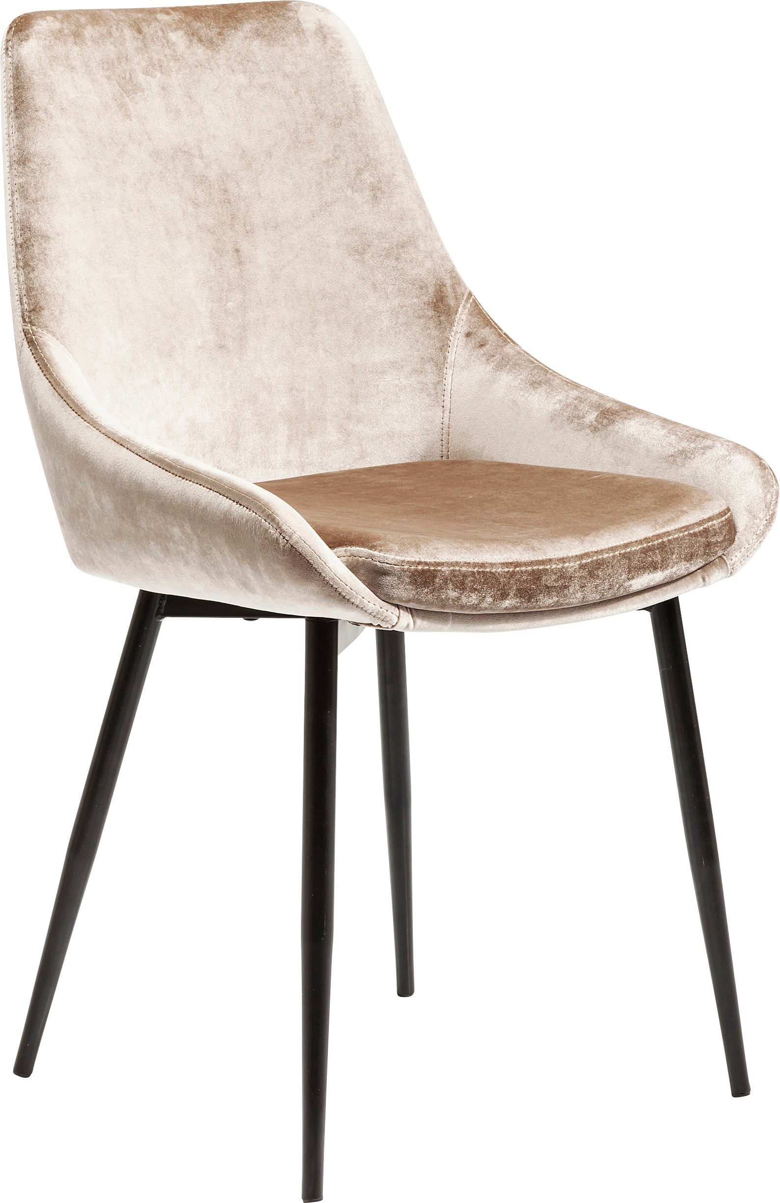 Der Stuhl East Side Pearl ist ein moderner Stuhl mit hellbeigem Samtbezug, schwarzen, konischen Metallbeinen und einem eleganten, geschwungenen Design. Die gepolsterte Sitzfläche bietet außergewöhnlichen Komfort und verleiht jedem Raum stilvolles Flair.