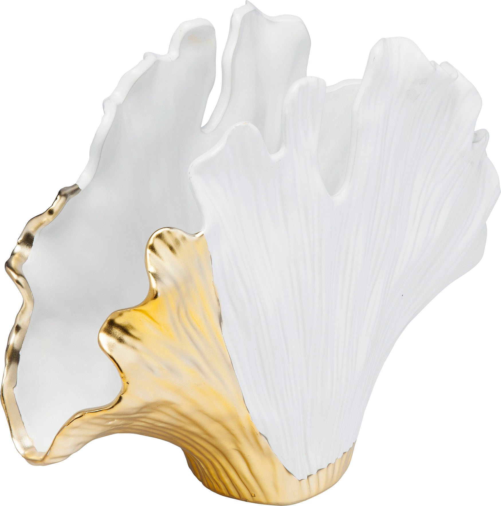 Die Vase Ginkgo Elegance ist ein dekoratives Keramikstück mit weißer Oberfläche und goldenen Akzenten entlang einer Kante und des Bodens, geformt wie eine abstrakte Muschel.