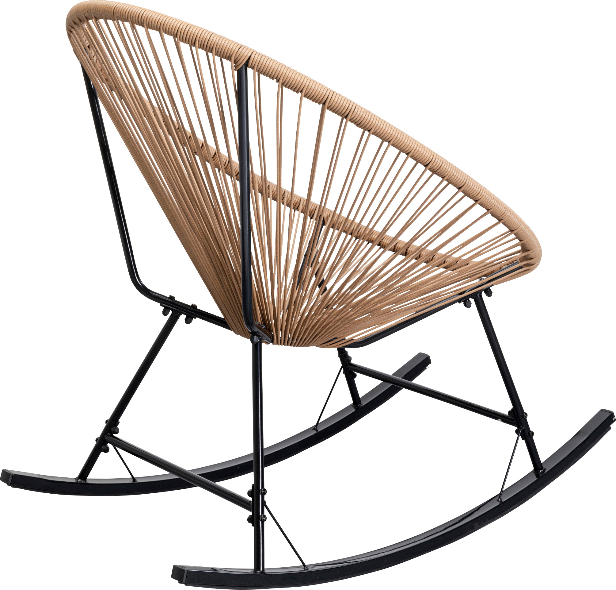 Der Schaukelstuhl Acapulco – Schwarz oder Natur besticht durch sein schlankes Metallgestell und fächerförmig geflochtene Kordeln. Sein minimalistisches, offenes Design und die geschwungenen Kufen machen ihn zu einem stilvollen Outdoor-Stuhl zum Entspannen in modernen Räumen.