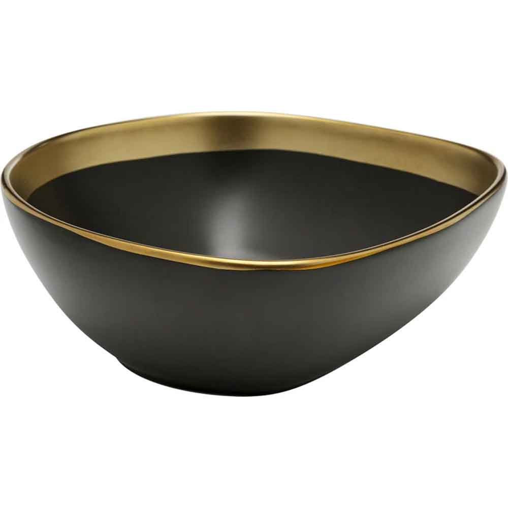 Schwarze Schale mit goldenem Innenrand, mit einer leicht unregelmäßigen, abgerundeten quadratischen Form.