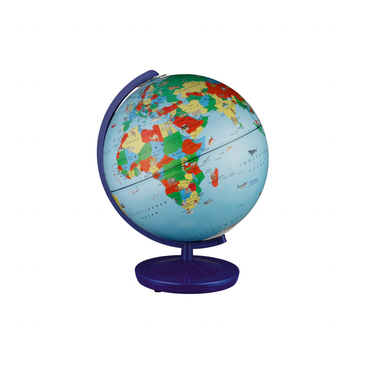 Der Kinderglobus ist ein bunter Globus auf einem blauen Ständer, der Afrika, Europa und Teile Asiens zeigt.