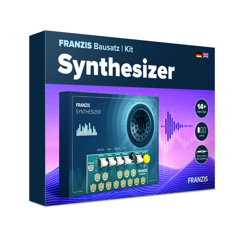 Box von FRANZIS Synthesizer Kit mit Bild des Synthesizers und lila Soundwave Grafiken auf der Verpackung.