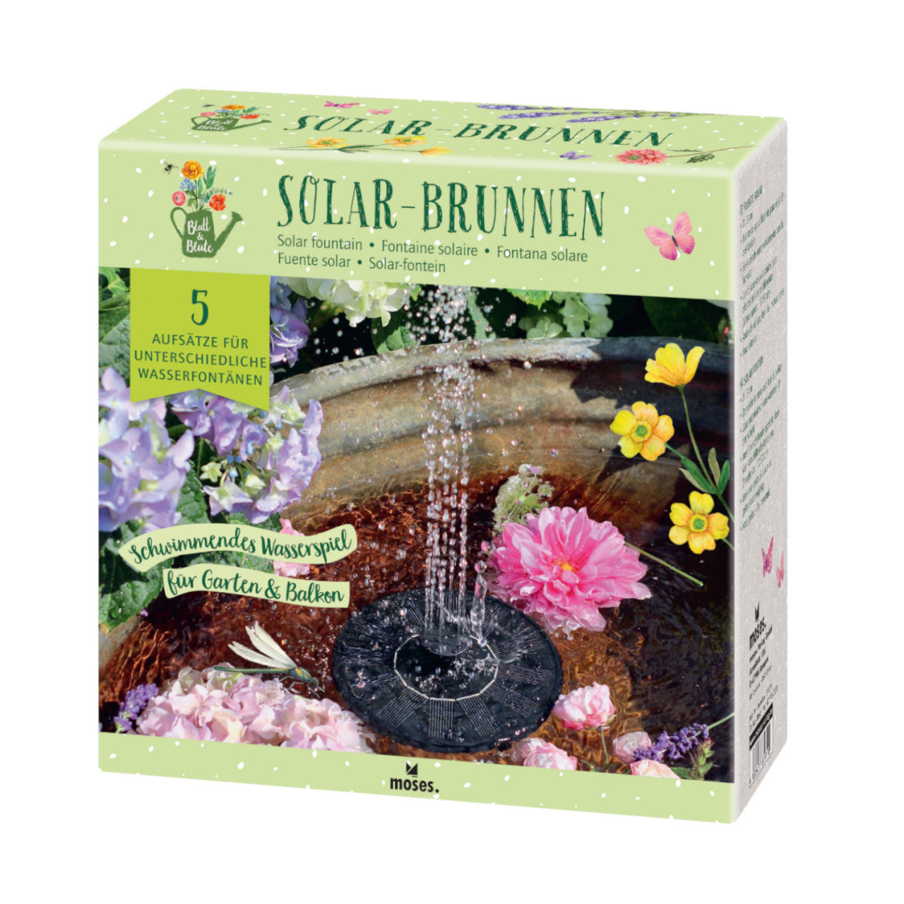 Die Blatt & Blüte Solar-Brunnen-Bausatzbox zeigt auf der Vorderseite Bilder von einem Garten, einem Bad, Blumen und einem Wasserstrahl.