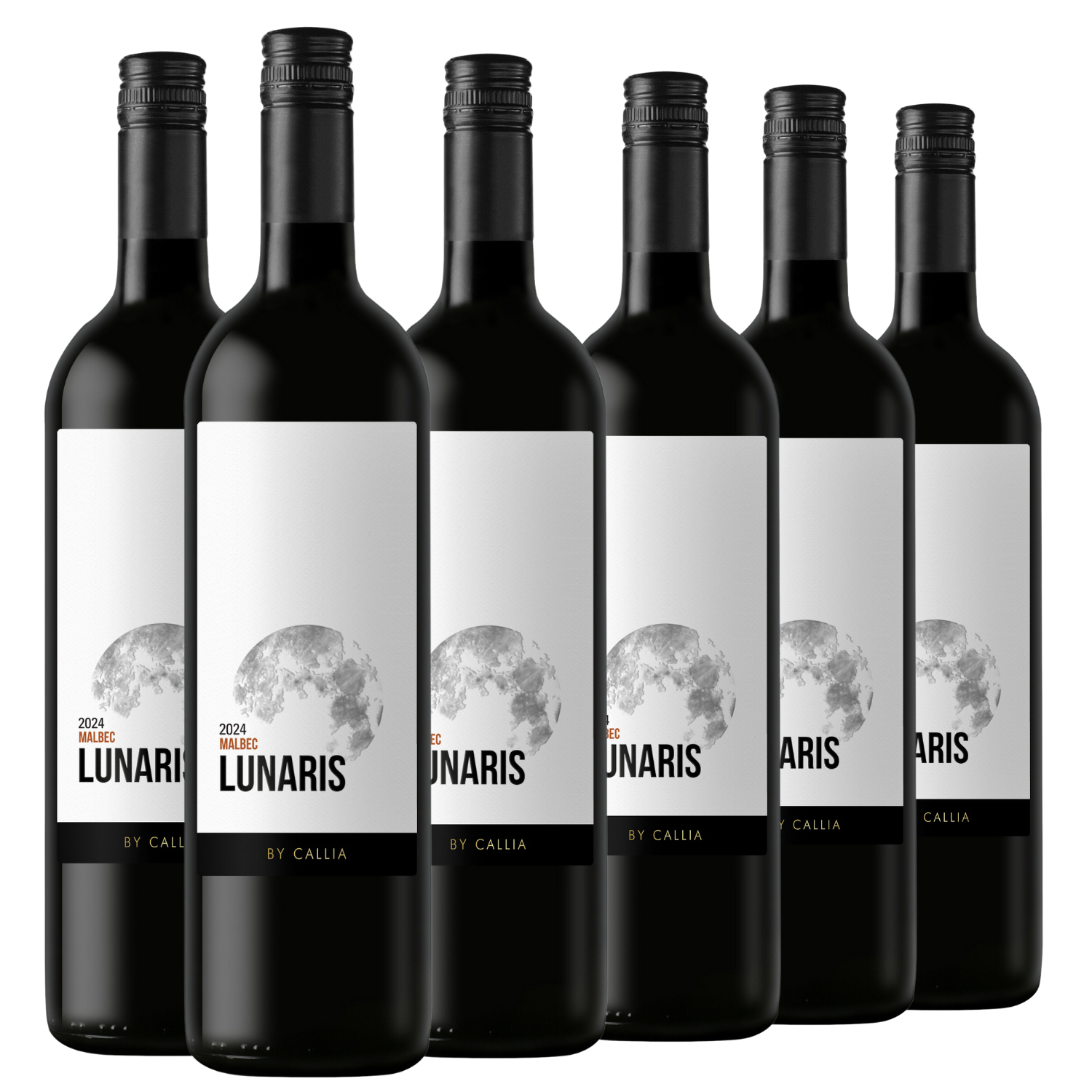 Sechs Flaschen Lunaris Malbec 2024, in zwei Reihen angeordnet, mit sichtbaren Etiketten mit Mondmotiven.