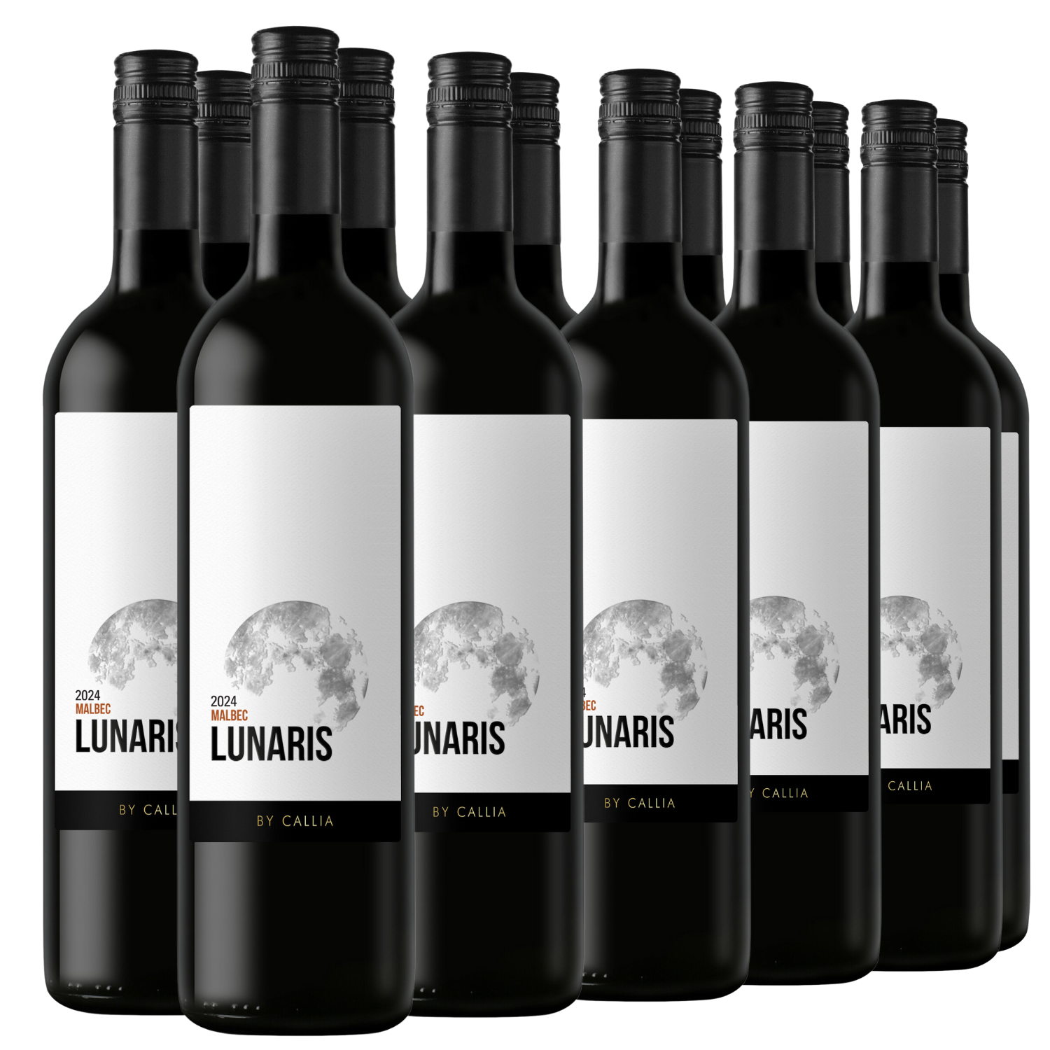 Sechs Flaschen Lunaris Malbec 2024, in zwei Reihen angeordnet, mit weißen Etiketten mit Vollmond.
