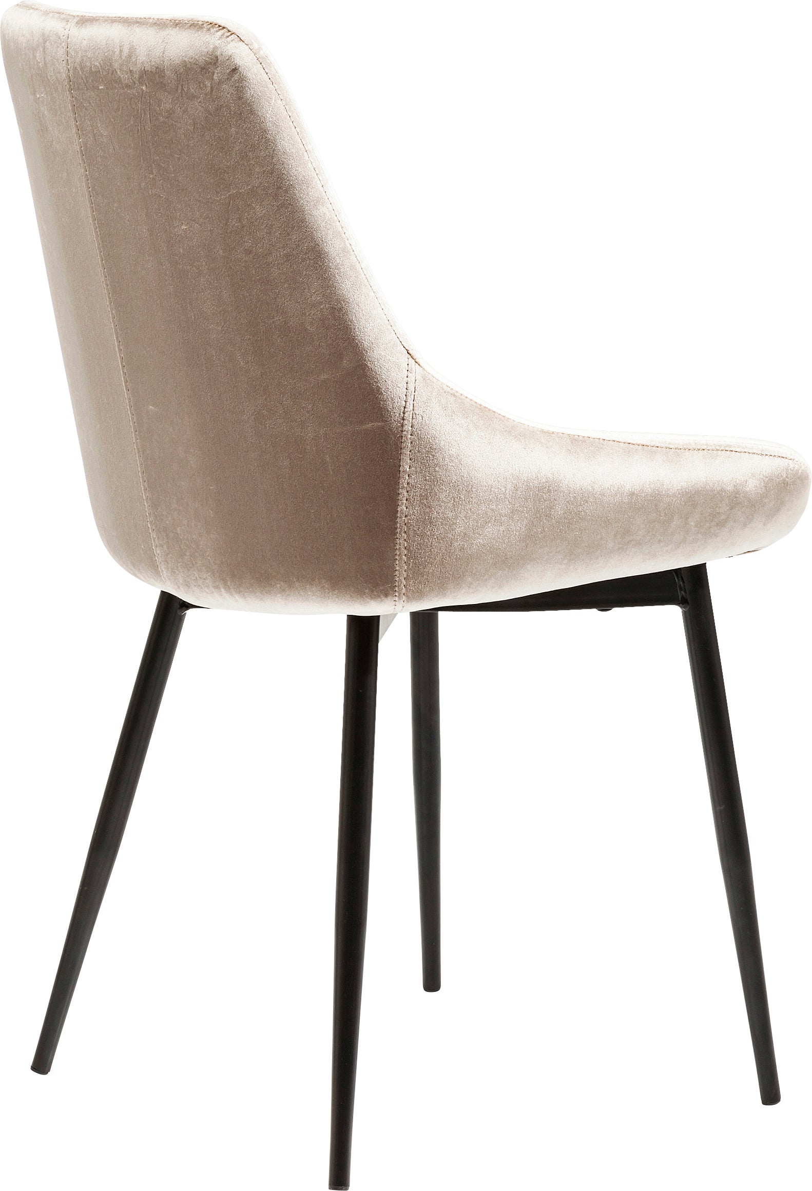 Der Stuhl East Side Pearl ist ein moderner, armloser Stuhl in hellbeigem Samt mit vier schlanken schwarzen Metallbeinen, von hinten betrachtet, für ein schickes Wohngefühl.