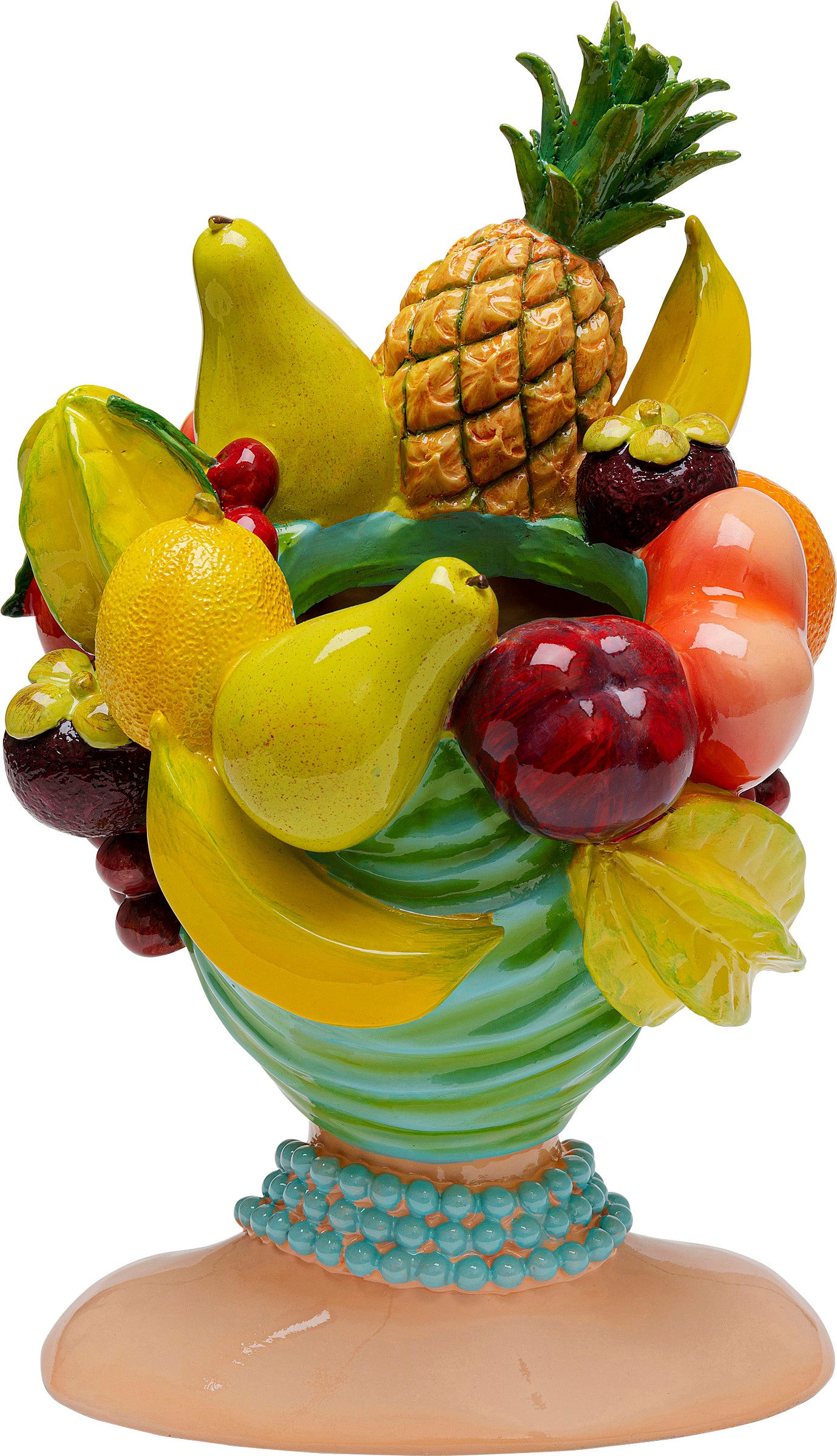 Die Deko Vase Fruity ist eine farbenfrohe sizilianische Keramik-Obstschale mit Bananen, Birnen, einem Apfel und mehr in einer grün-gelb gestreiften Vase – perfekt als Couchtisch-Deko auf einem runden Sockel.