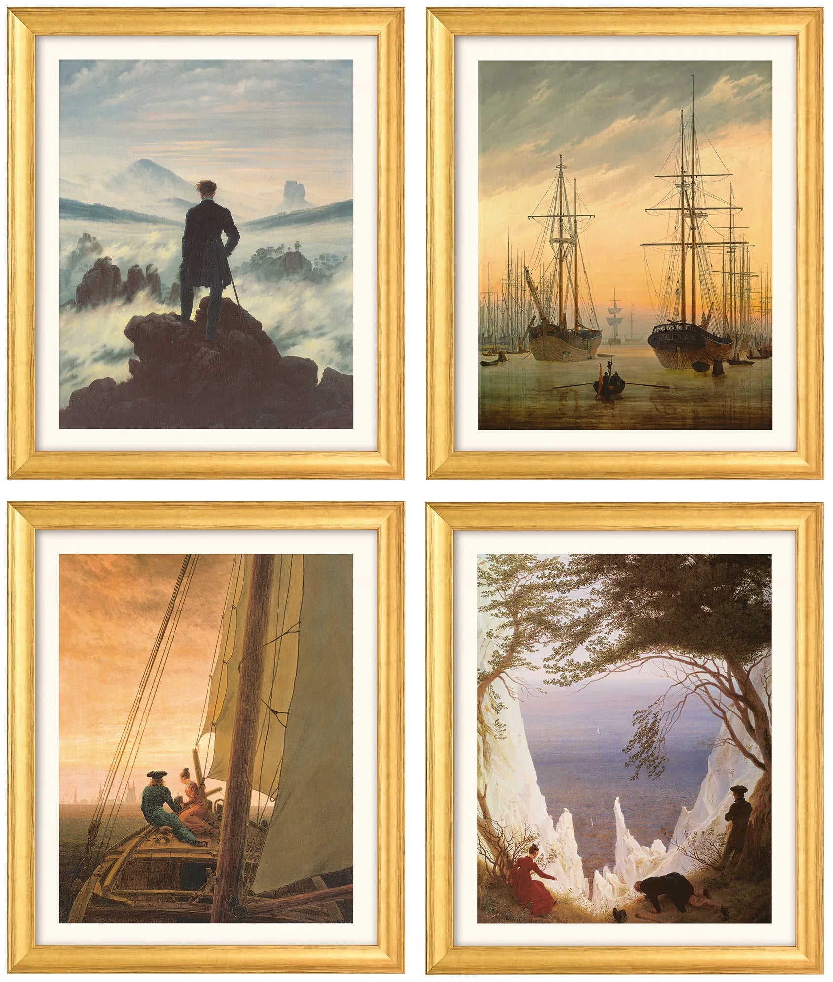 „Caspar David Friedrich: 4 Bilder im Set“ zeigt gerahmte Gemälde von Landschaften mit Schiffen, Meer, Klippen und einem Mann auf Felsen, jeweils in einem goldenen Rahmen.