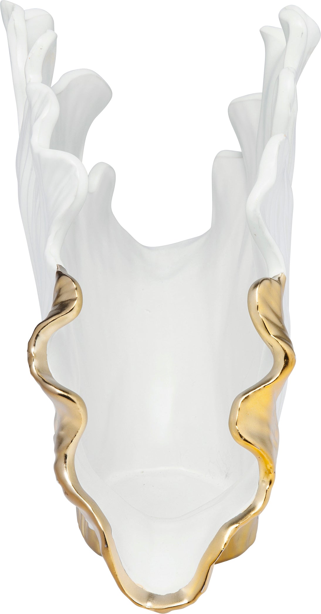 Die Vase Ginkgo Elegance ist eine skulpturale weiße Vase mit gewellten, unregelmäßigen Rändern und einem metallisch-goldenen Akzent an einer Seite, die einer abstrakten oder organischen Form ähnelt.