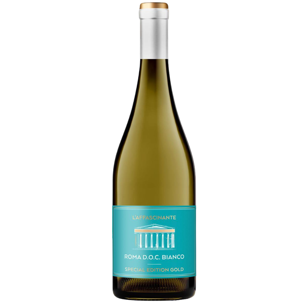 Eine Flasche Weißwein L´Affascinante DOC 2023 mit blaugrünem Etikett.