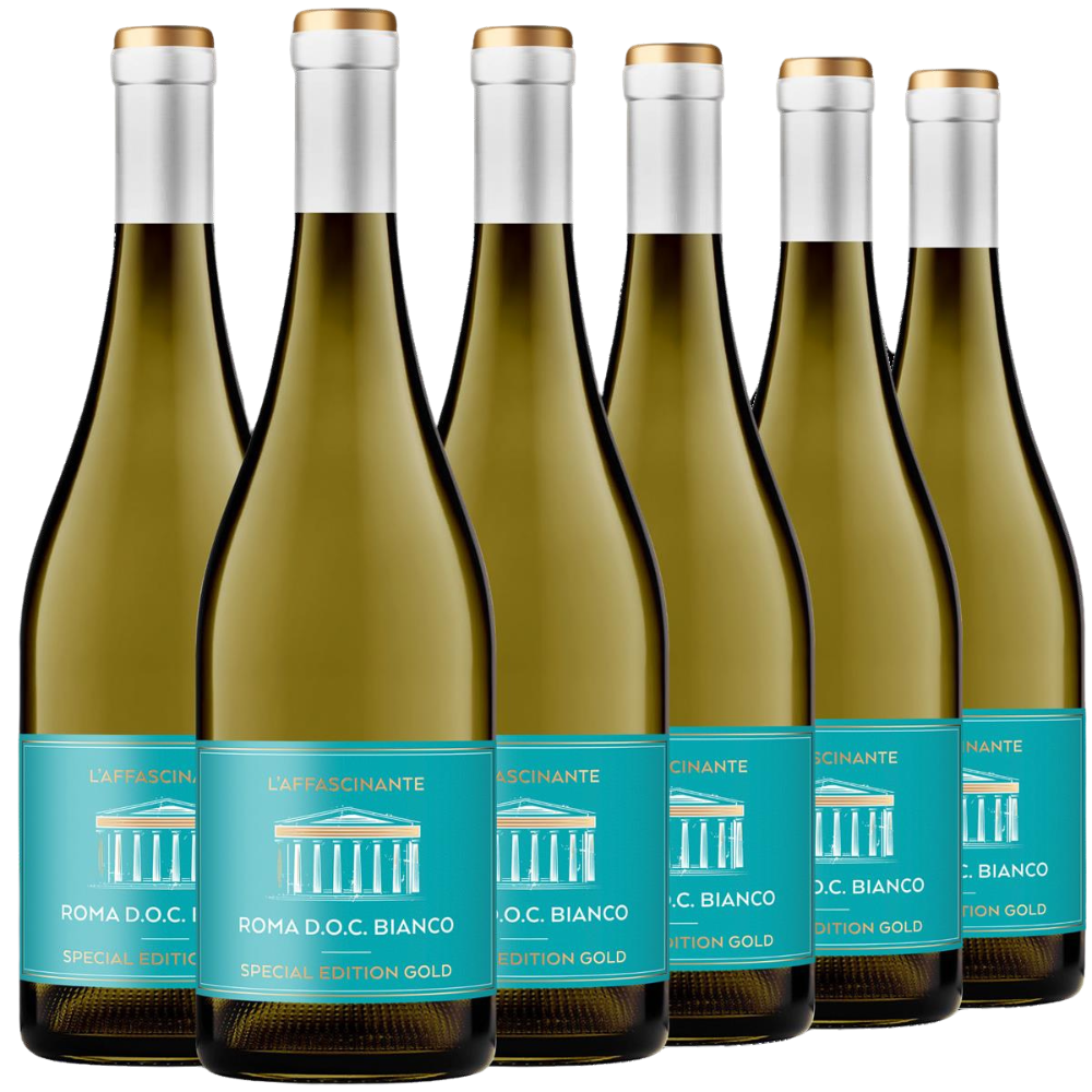 Sechs Flaschen Weißwein L´Affascinante DOC 2023, Special Edition Gold, mit blauen Etiketten.