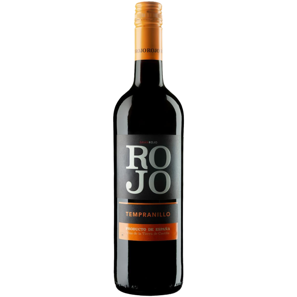 Eine Flasche Rotwein Rojo Tempranillo, Jahrgang 2023, mit schwarzem Etikett und orangefarbenem Verschluss.