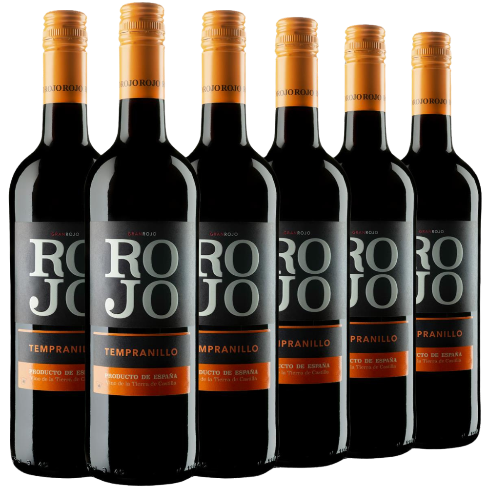 Sechs Flaschen Rojo Tempranillo 2023, jede mit orangefarbenem Verschluss, in einer Reihe präsentiert.