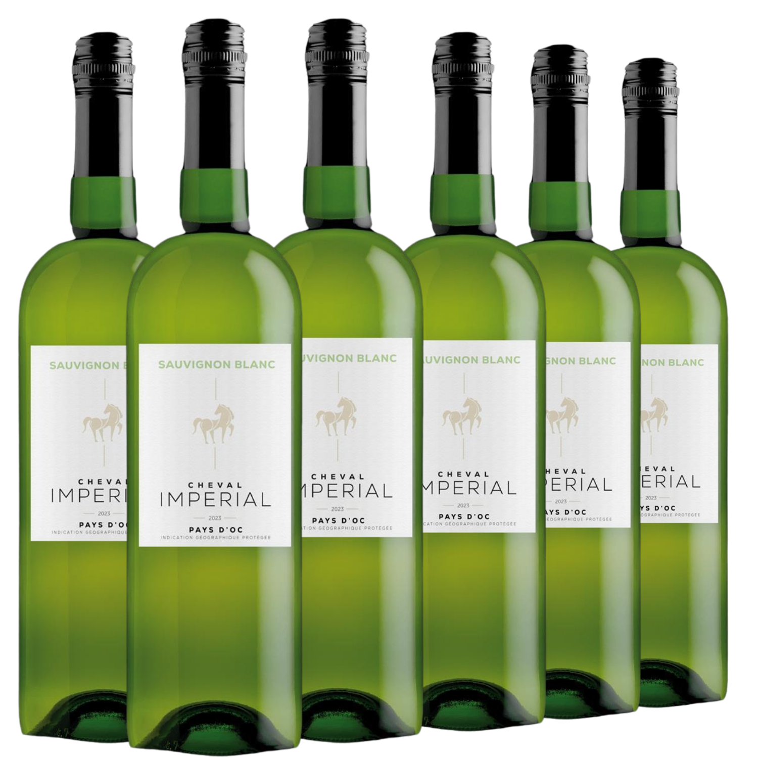 Sechs grüne Flaschen Sauvignon Blanc IGP-Wein 2023 mit weißen Etiketten, in zwei Reihen angeordnet.