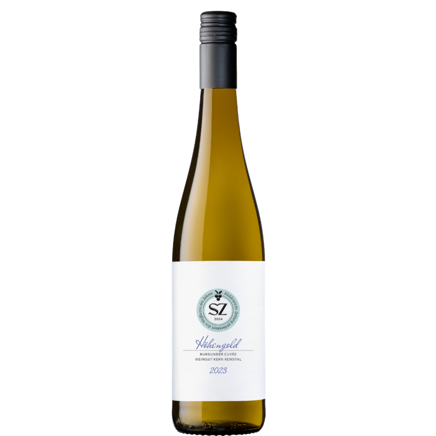 Eine Flasche SZ-Weißwein 2024 mit weißem Etikett und schwarzem Verschluss.