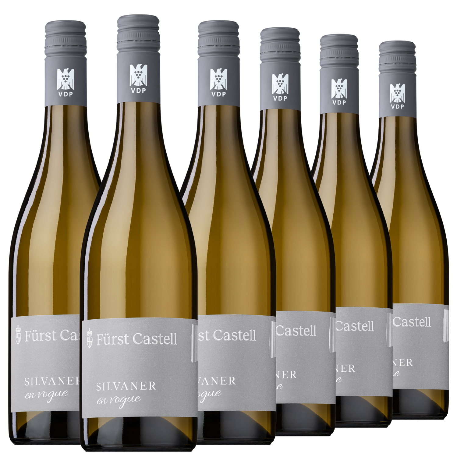 Sechs Flaschen Silvaner trocken Weißwein 2023 mit grauen Etiketten, in zwei Reihen auf weißem Untergrund angeordnet.