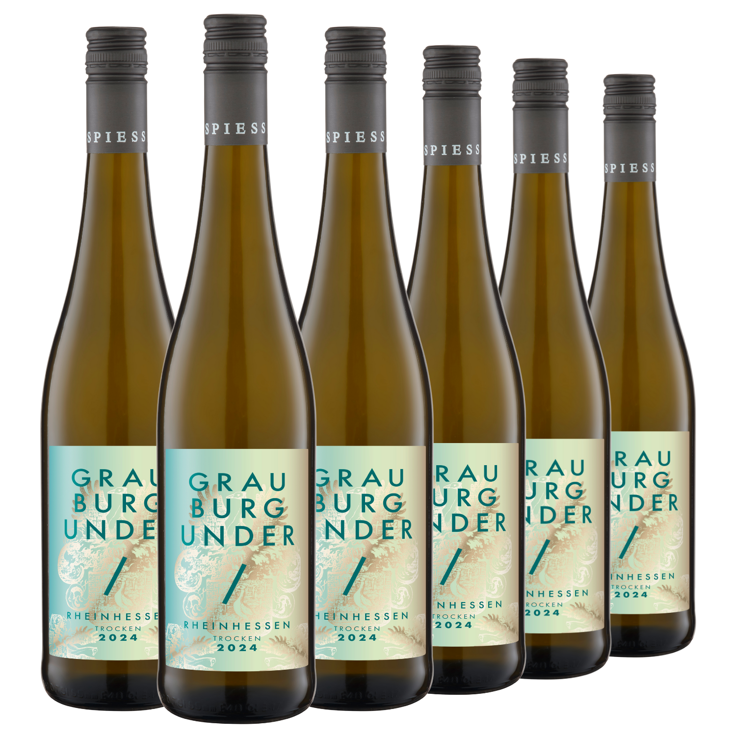 Sechs Flaschen Grauburgunder „Der Graue“ Weißwein Jahrgang 2024 stehen in einer Reihe vor weißem Hintergrund.