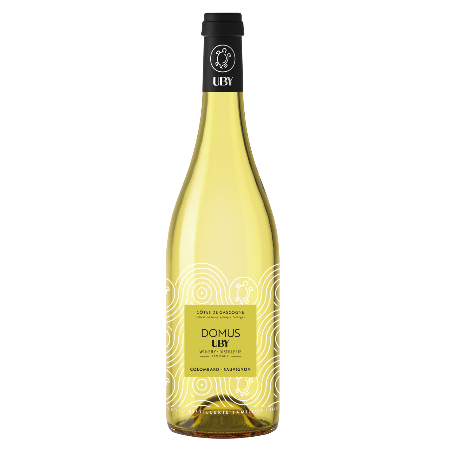 Eine Flasche Weißwein Domus Uby, Jahrgang 2024, mit schwarzem Verschluss und dekorativen weißen Wirbelmustern auf dem Etikett.