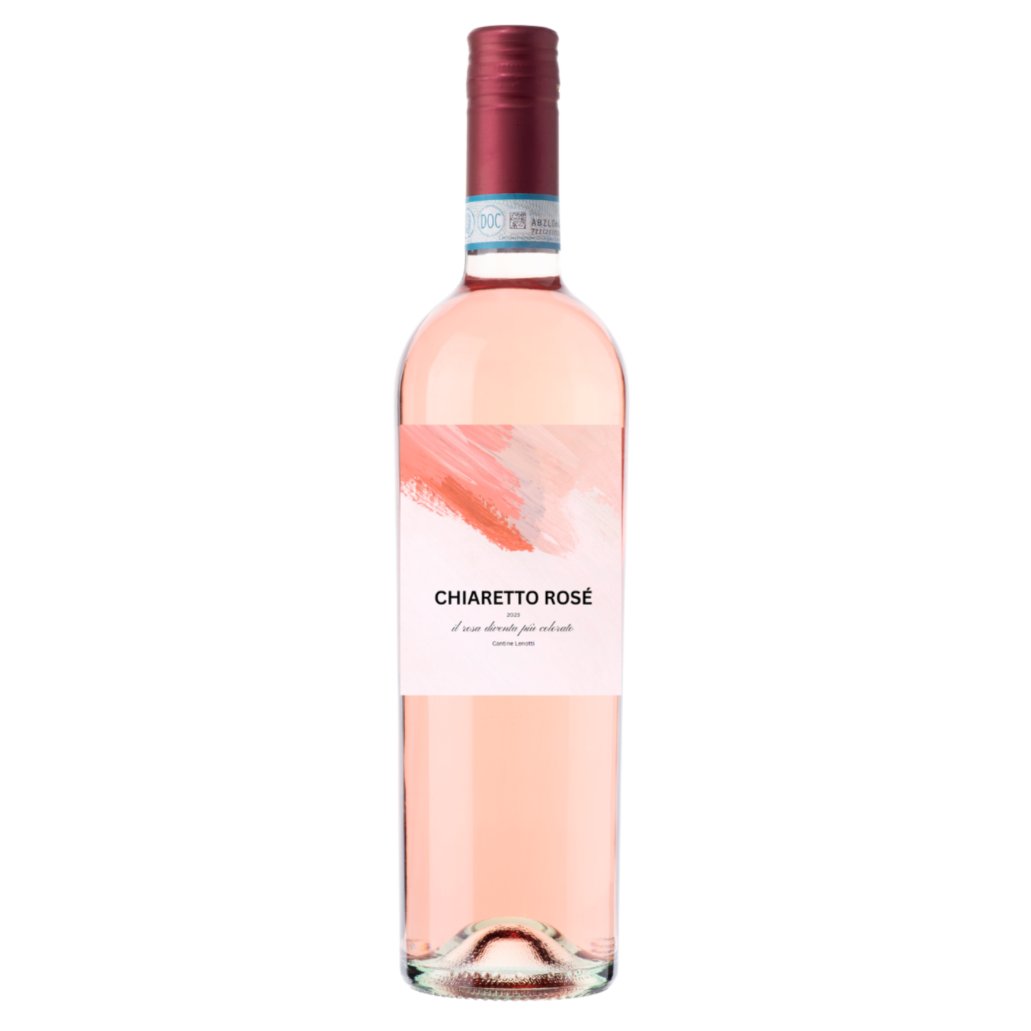 Eine klare Flasche Chiaretto di Bardolino Coloratoa Rosé 2024 mit einem rosa Schraubverschluss und einem abstrakten rosa Pinselstrich-Etikett.