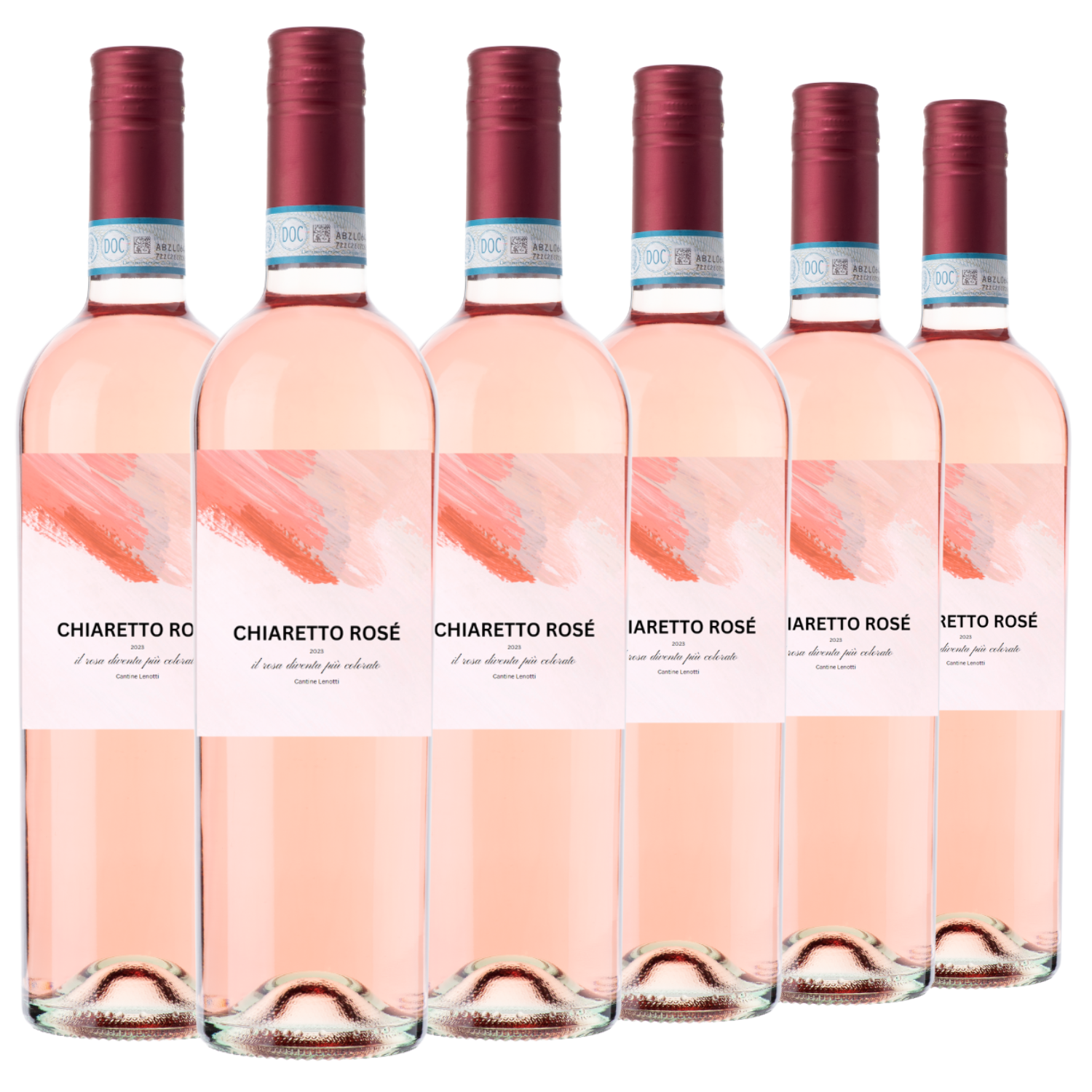 Sechs Flaschen Roséwein Chiaretto di Bardolino Coloratoa 2024 mit rosa Etiketten und roten Verschlüssen, in einer Reihe angeordnet.